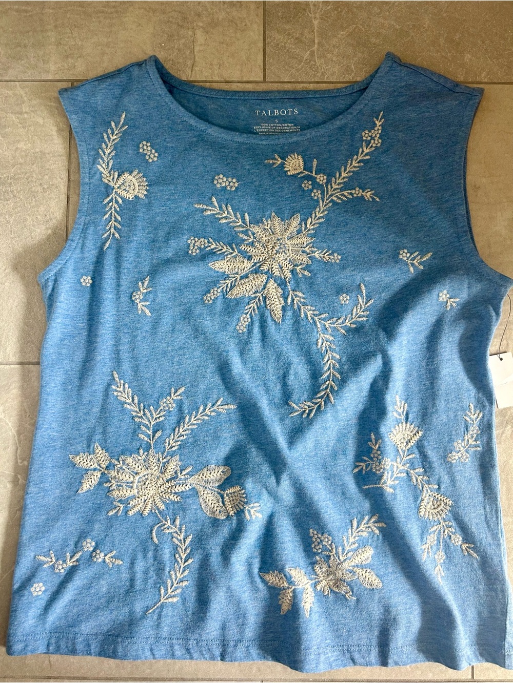 Talbots Blue Sleeveless Embroidered Floral Tank